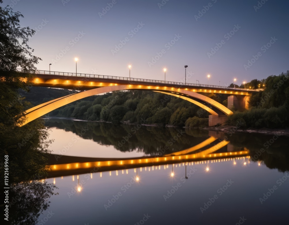Serene Night Scene: Illuminated Bridge Reflecting in Calm River Water Serene Night Scene: Illuminated Bridge Reflecting in Calm River Water