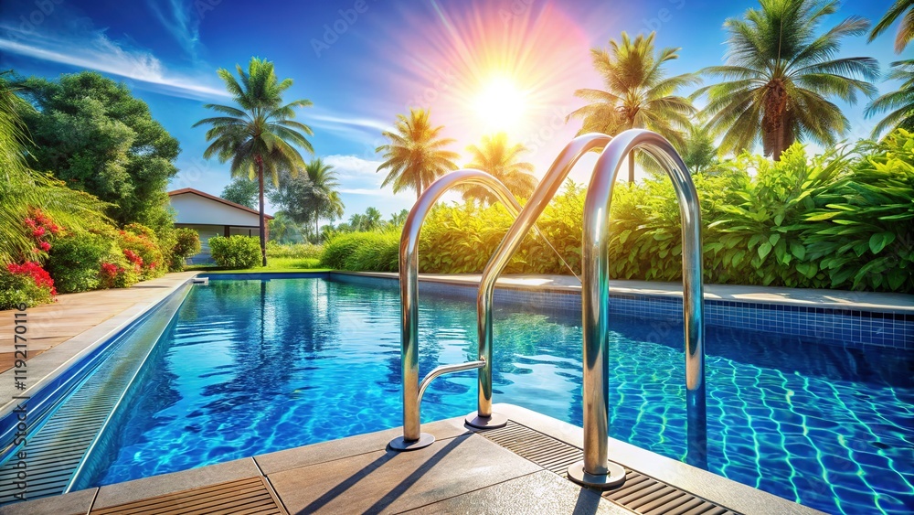Fototapeta premium Sunlit Poolside Stainless Steel Ladder - Luxury Resort Swimming Pool Scene