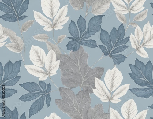 Serene Seamless Pattern: Elegant Dusty Blue and Gray Tropical Leaves