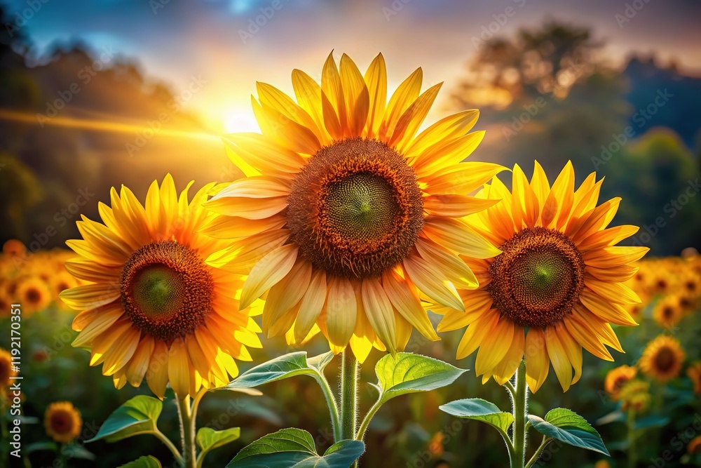 Obraz premium Three Sunflowers Isolated PNG Background