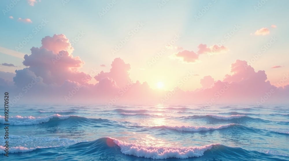Obraz premium Serene Ocean Sunset Pastel Clouds and Gentle Waves Reflecting Golden Light