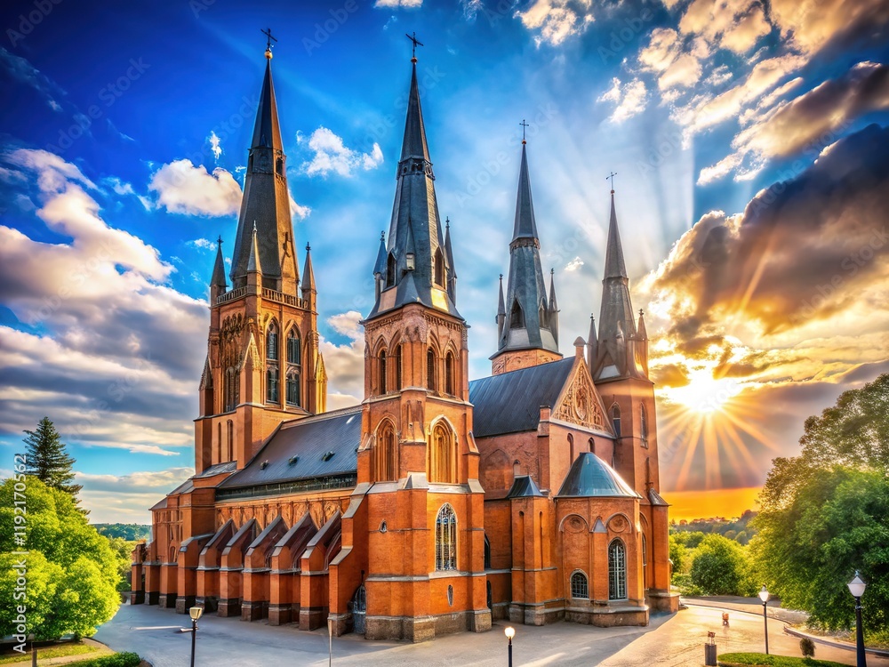 Fototapeta premium Uppsala Cathedral, Sweden: Bright Gothic Architecture, Sharp Details, Sunlit Stone