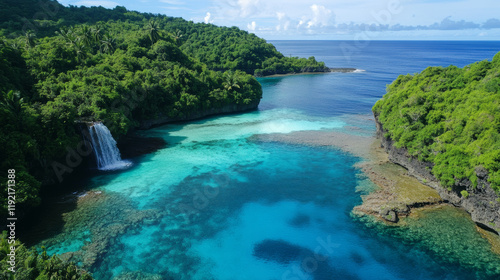 Exploring tropical paradise aerial view of stunning waterfall and turquoise lagoon in nature's bounty photo