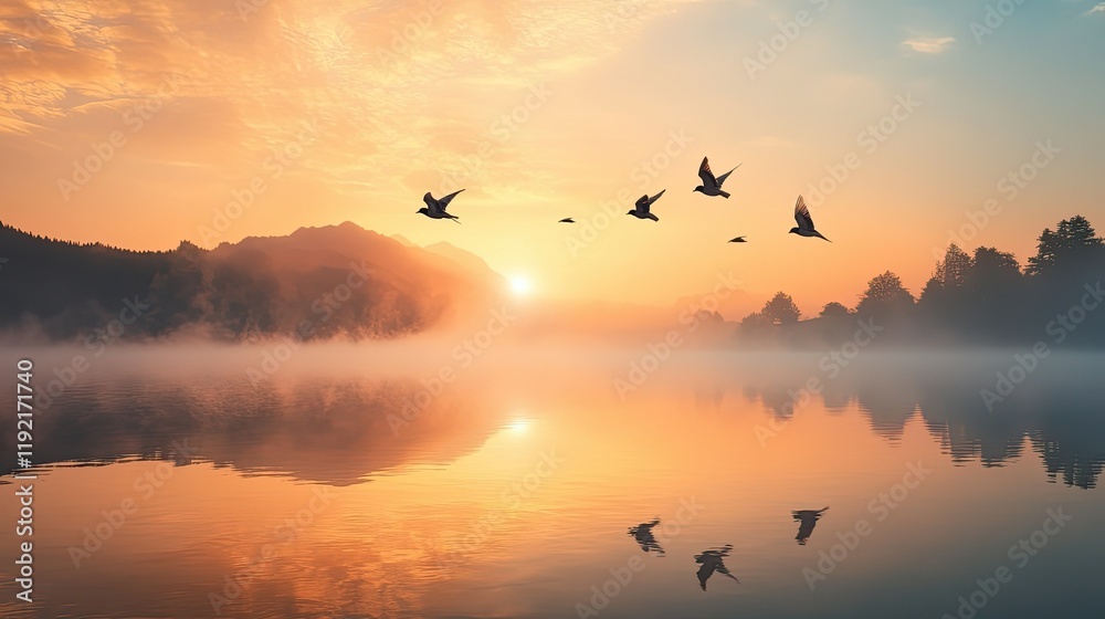 Serene Sunrise Over Calm Lake with Birds in Flight, Reflecting Mountains and Vibrant Sky Colors in Early Morning Light Serene Sunrise Over Calm Lake with Birds in Flight, Reflecting Mountains and Vibrant Sky Colors in Early Morning Light