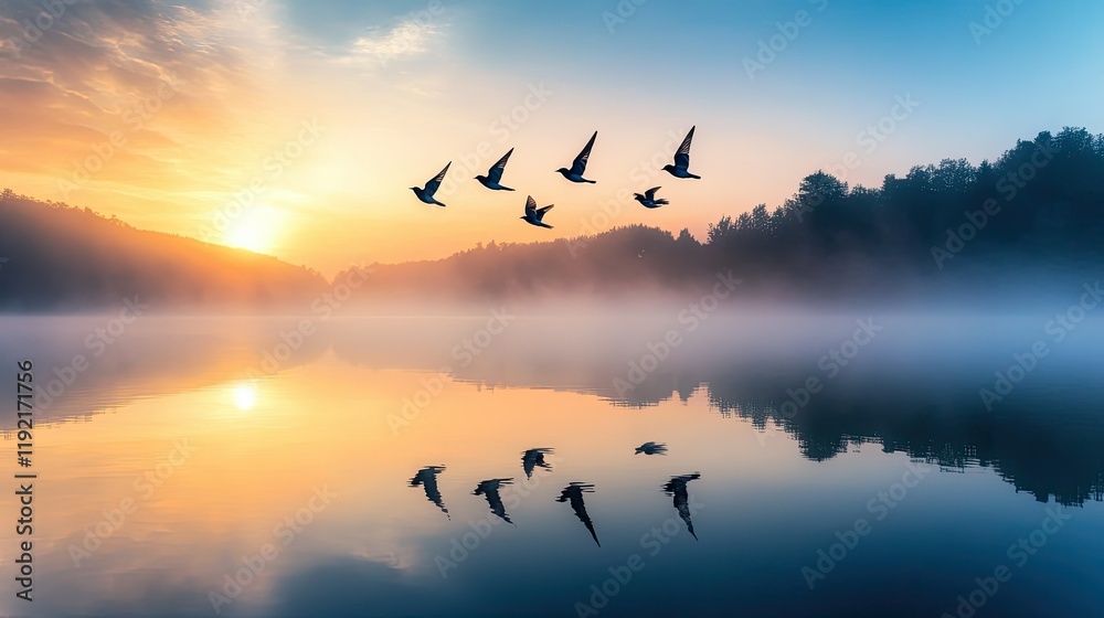 Fototapeta premium Serene Sunrise Over Tranquil Lake with Majestic Birds in Flight Creating Beautiful Reflections on Calm Water Surface in Peaceful Natural Environment