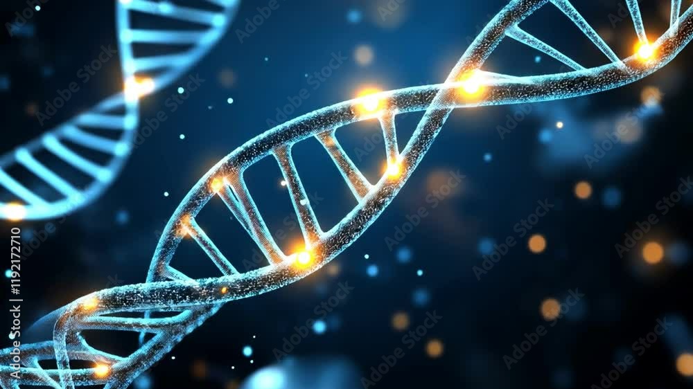 Close-up of a DNA double helix model with glowing particles against a dark background.