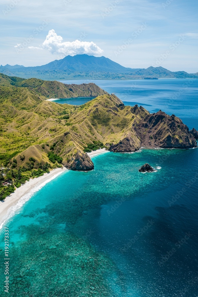Obraz premium Beautiful aerial view of an Indonesian island with green mountains and a blue ocean, featuring white sandy beaches, cliffs, and sea waves.