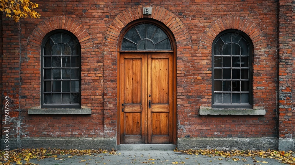 A brick building with a wooden door and two arched windows, creating a rustic and architectural vibe, perfect for home, construction, or historical building-related design concepts. A brick building with a wooden door and two arched windows, creating a rustic and architectural vibe, perfect for home, construction, or historical building-related design concepts.