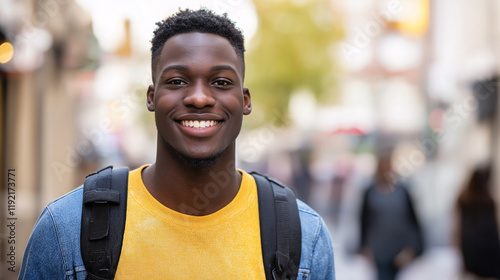 Fototapeta Naklejka Na Ścianę i Meble -  Happy African American student with backpack in city street