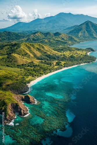 Wallpaper Mural Beautiful aerial view of an Indonesian island with green mountains and a blue ocean, featuring white sandy beaches, cliffs, and sea waves. Torontodigital.ca