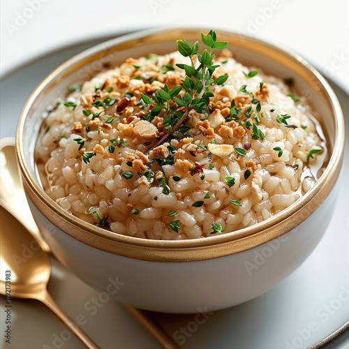 Brown rice porridge, with crust of overcooked rice, with herb, on gold spoon, white background. photo