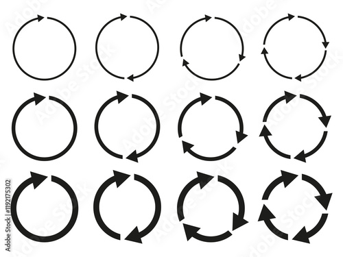 Arrow cycle set. Circular arrows vector. Loop rotation symbol. Black outline shapes.