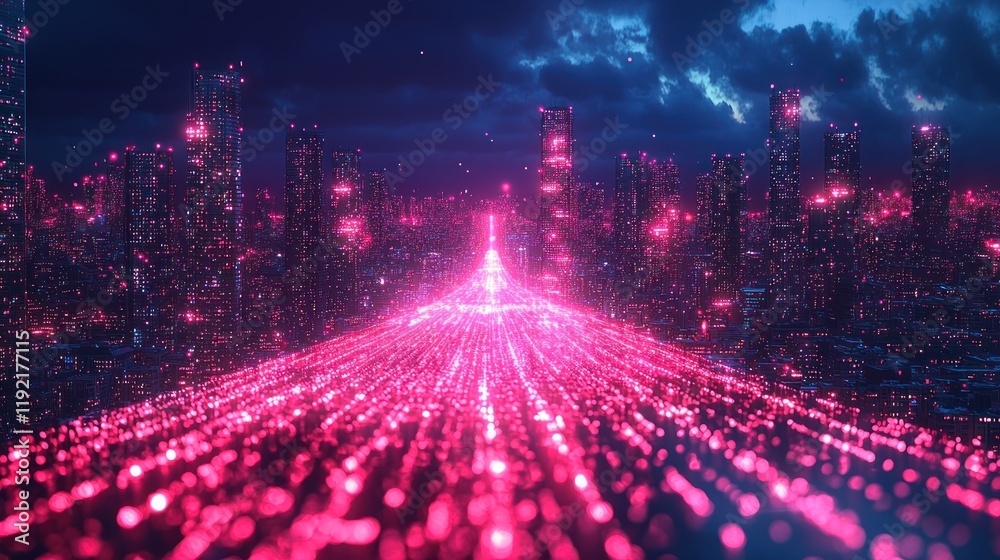 Obraz premium Futuristic cityscape with glowing data streams.