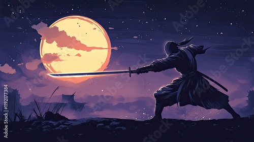 A lone ninja wields his katana under a large moon photo