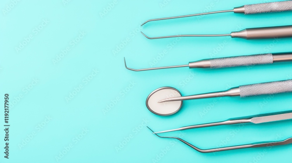 Dental Tools on Turquoise Background: Professional Instruments for Oral Hygiene and Dental Examination Dental Tools on Turquoise Background: Professional Instruments for Oral Hygiene and Dental Examination