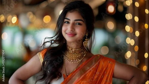 Beautiful Indian woman in an orange saree with gold jewelry