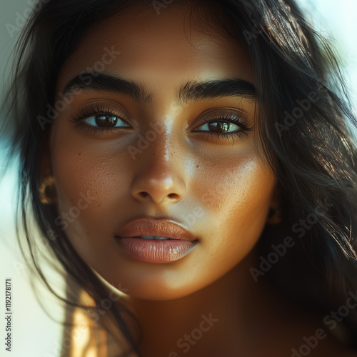 Beauty portrait close-up of a mysterious, elegant and beautiful Indian woman photo