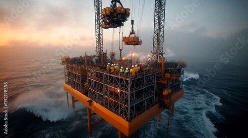 Offshore Oil Rig Construction with Massive Steel Cranes Hoisting Heavy Machinery and Workers in Reflective Gear