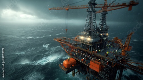 Offshore Oil Rig Construction Site with Towering Cranes and Churning Waves in a Retrofuturistic Industrial Landscape photo