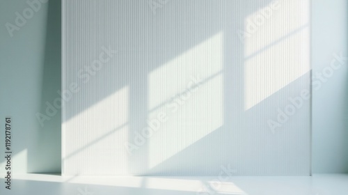 Serene Minimalist Interior with Light Streaming Through Window Panels Creating Vertical Shadow Patterns on a Textured Wall