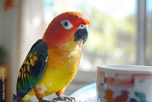 Colorful parrot perched and looking inquisitive, perfect for vibrant pet themes photo