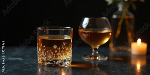 Ambiance of Golden Hour  Floral-Etched Glassware with Amber Liquid and Gentle Candlelight