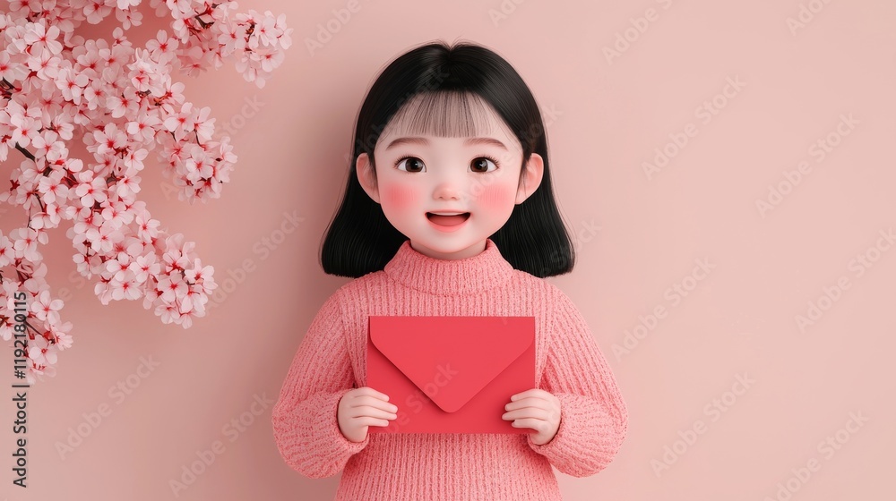 Cheerful girl holding red envelope studio setting digital illustration soft colors front view expressing happiness Cheerful girl holding red envelope studio setting digital illustration soft colors front view expressing happiness