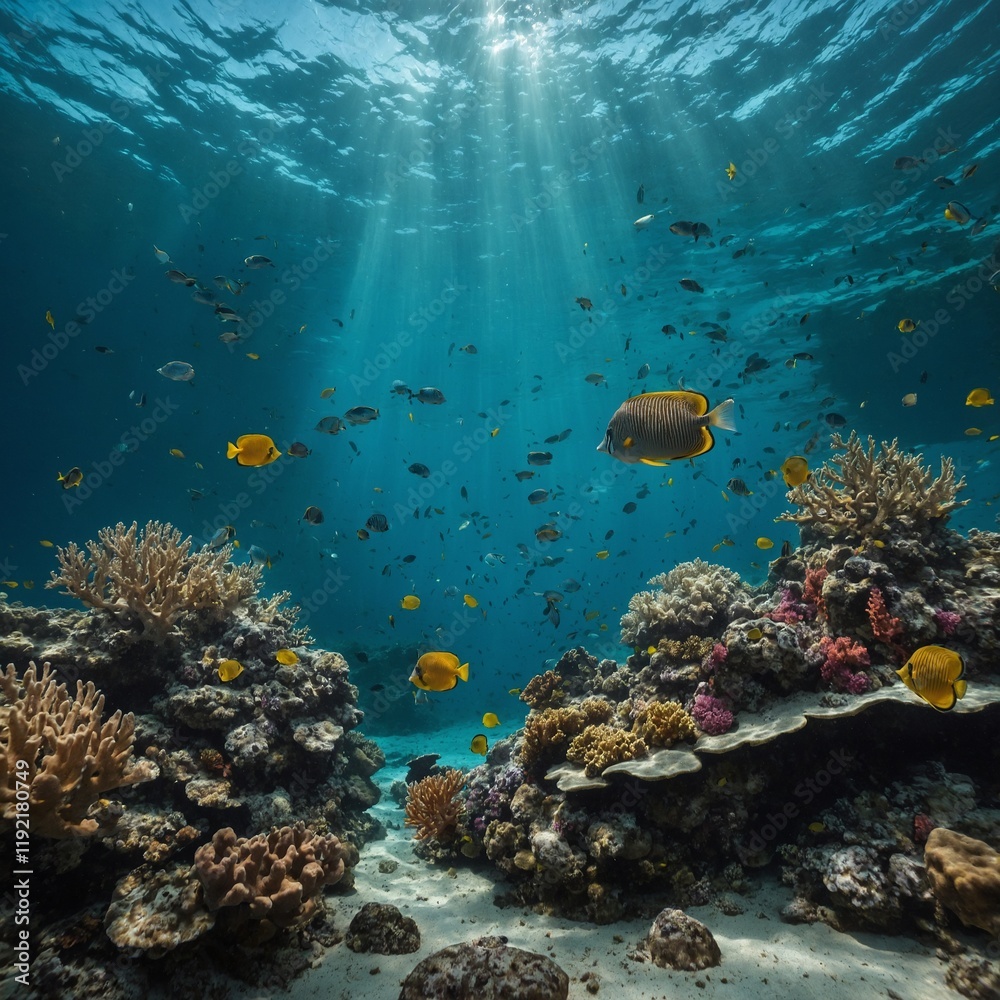 Naklejka premium A teal underwater scene with coral and tropical fish.