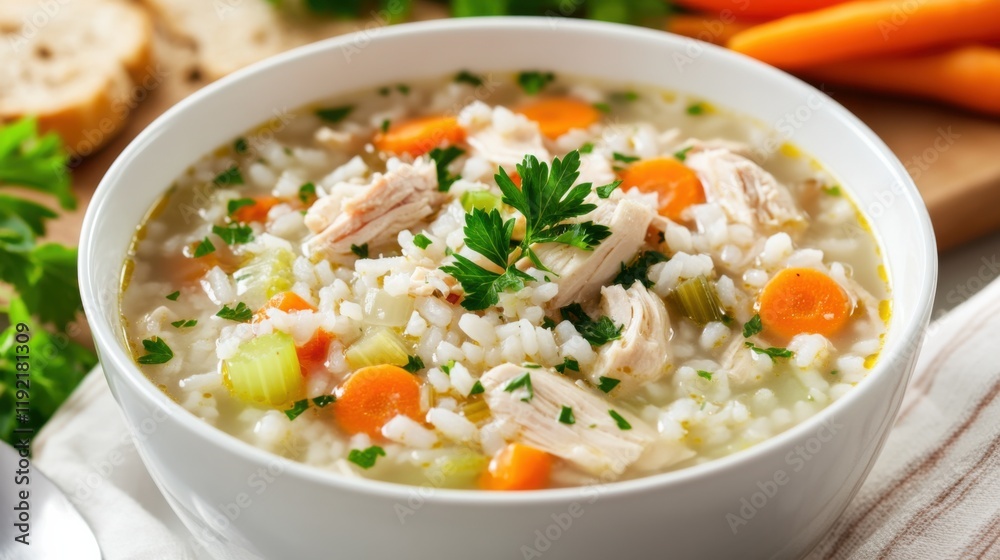 Chicken and rice soup with vegetables, parsley, and white bowl. Emphasizing comforting and nourishing nature, ideal for soup recipes and wholesome meals with a warm presentation. Chicken and rice soup with vegetables, parsley, and white bowl. Emphasizing comforting and nourishing nature, ideal for soup recipes and wholesome meals with a warm presentation.