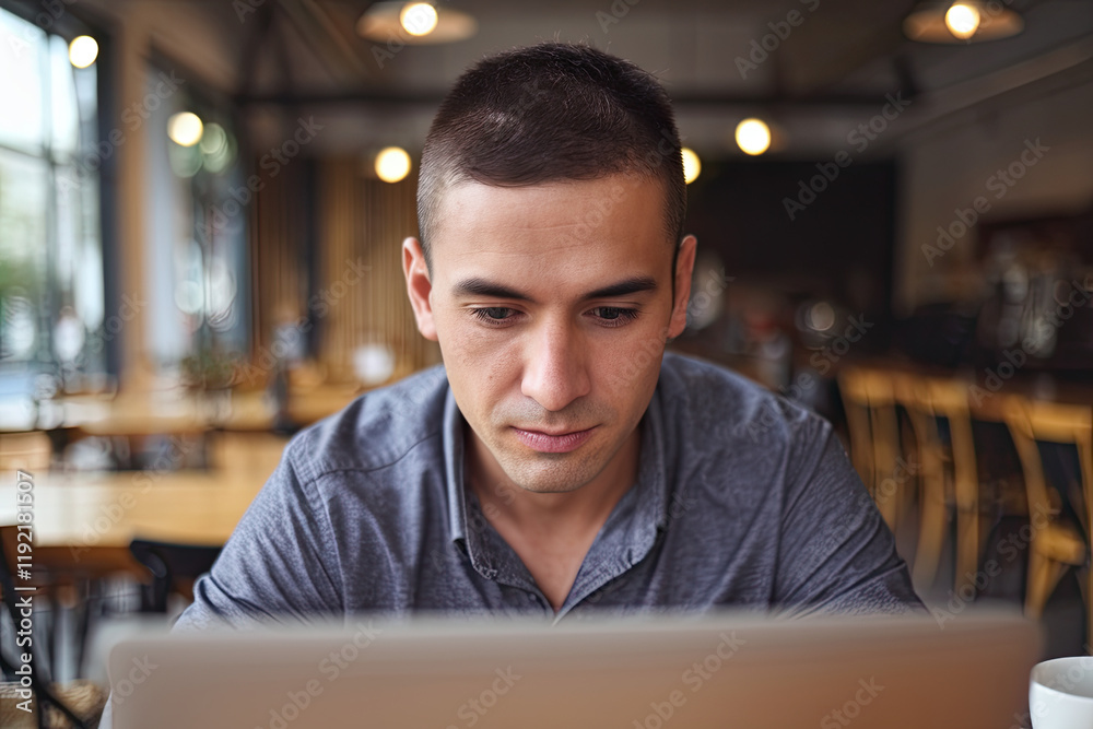 Young entrepreneur working on a laptop in a café, representing independence and ambition Young entrepreneur working on a laptop in a café, representing independence and ambition
