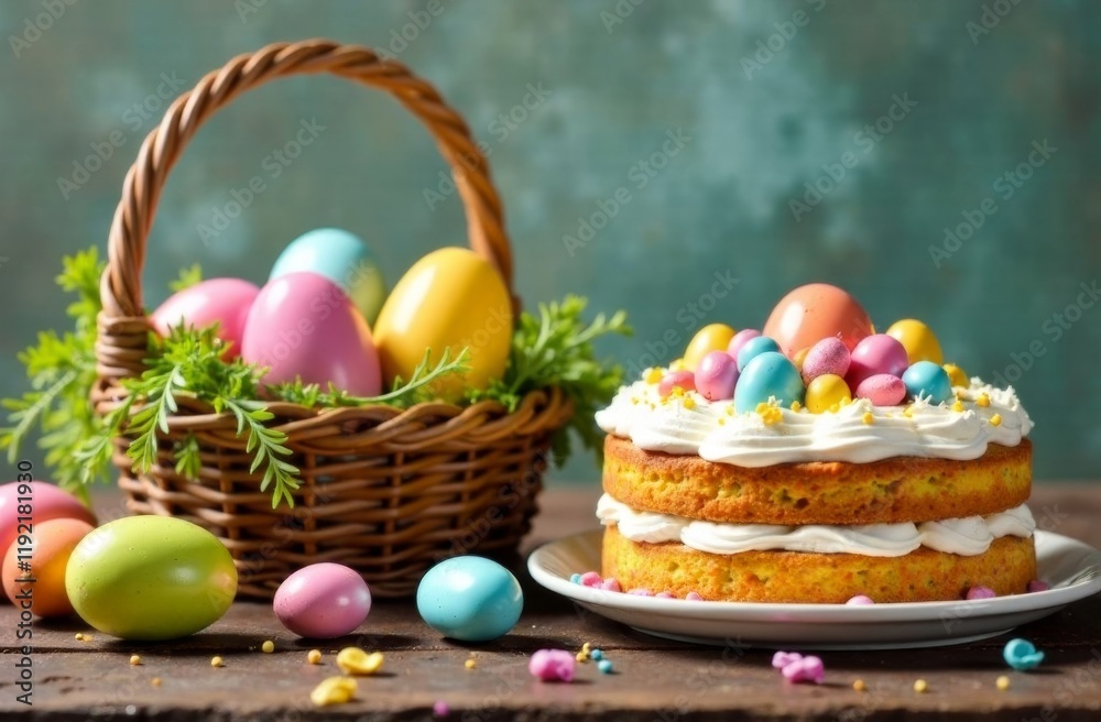 Naklejka premium Easter greeting card with colorful eggs in a basket and a cake on the table, Easter concept, Easter mood, colorful, photorealistic, high resolution, high detail, high quality, high sharpness