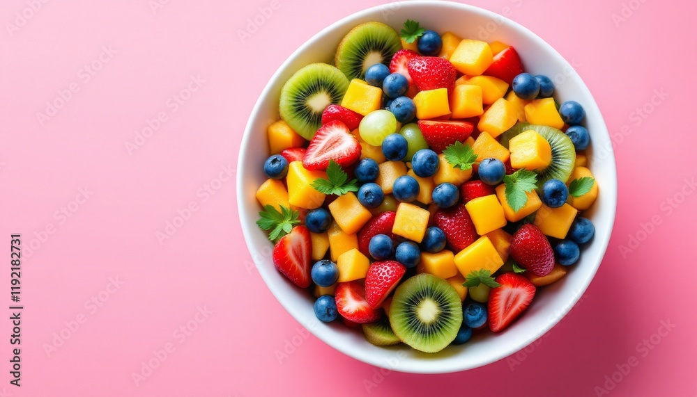 Colorful Fruit Salad in a White Bowl Against a Pink Background Colorful Fruit Salad in a White Bowl Against a Pink Background