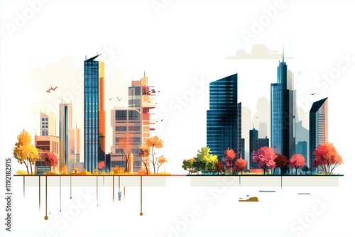 Minimalistic geometric vector illustration set depicting urban landscape features with buildings and trees