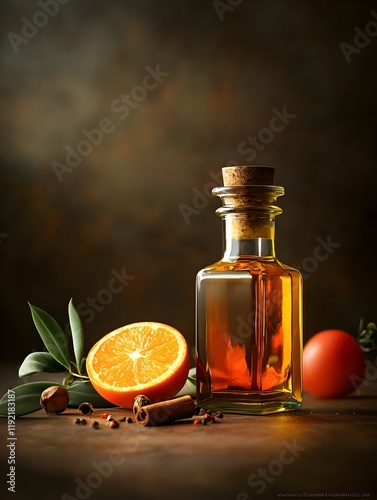 Elegant still life of a premium spice infused olive oil in a glass bottle a high end gourmet kitchen ingredient for drizzling and dressing with vivid colors textures photo