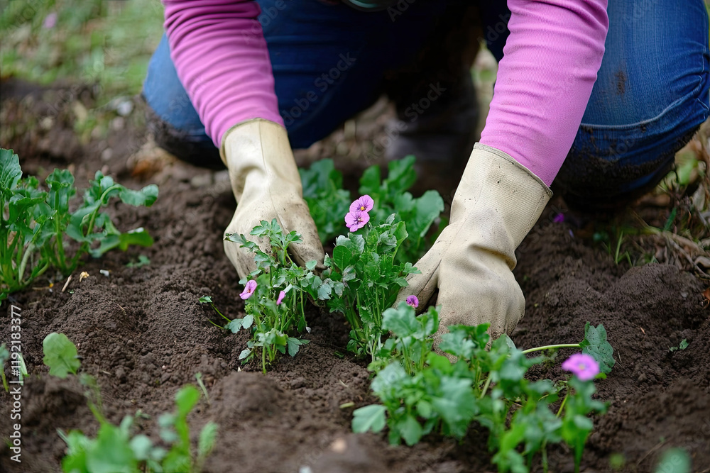 Fototapeta premium Person planting flowers in their backyard, showing connection to nature and simplicity