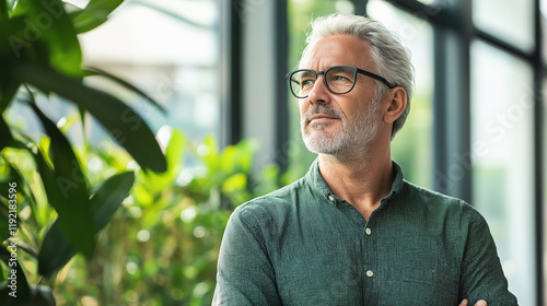 Mature professional man in green shirt by window