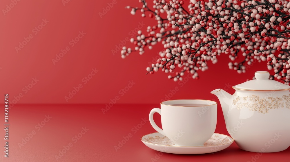 Fototapeta premium Elegant tea ceremony setup with white teapot and cup on red background still life cozy atmosphere minimalist design