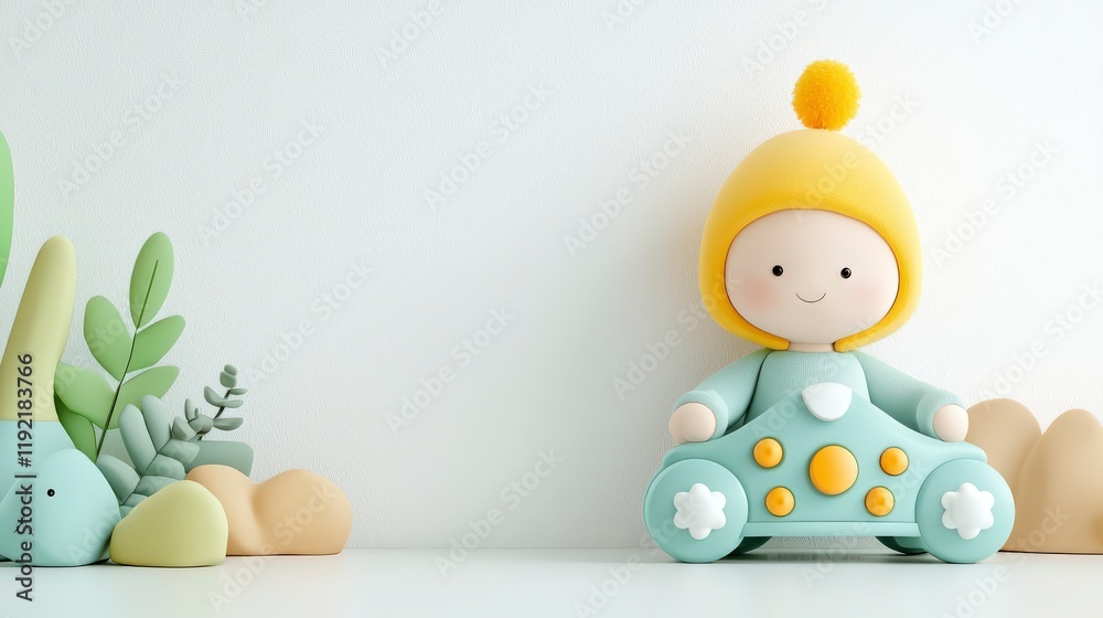 Obraz premium Cute Colorful Toy Character with Yellow Hat Sitting on a Light Background Surrounded by Decorative Elements
