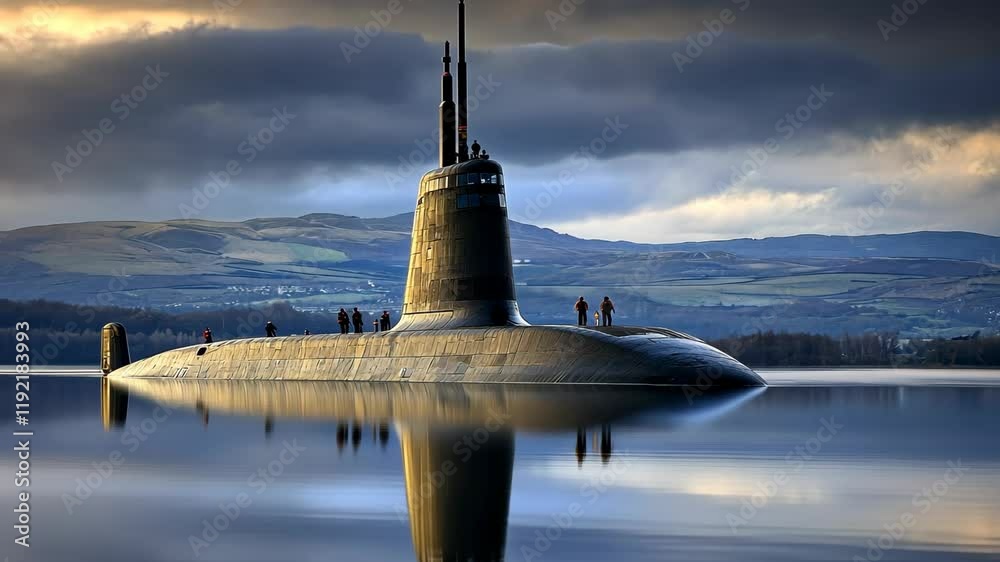 Submarine navigates calm waters near a mountainous shoreline during a cloudy sunset in a tranquil coastal setting