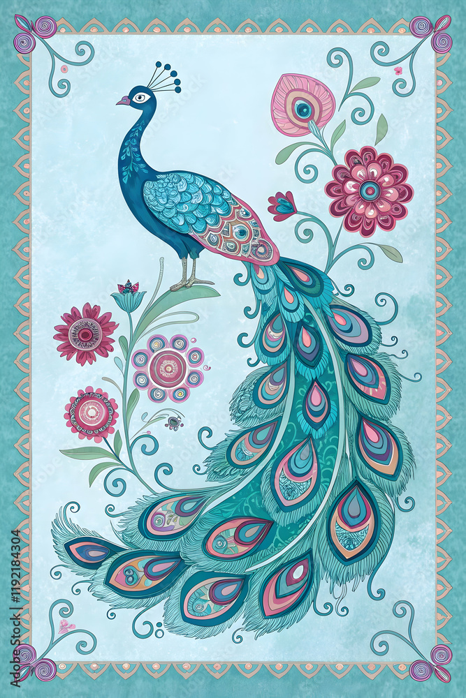 Fototapeta premium The Majestic Charm of Peacock and Paisley Encased in Artistic Frames