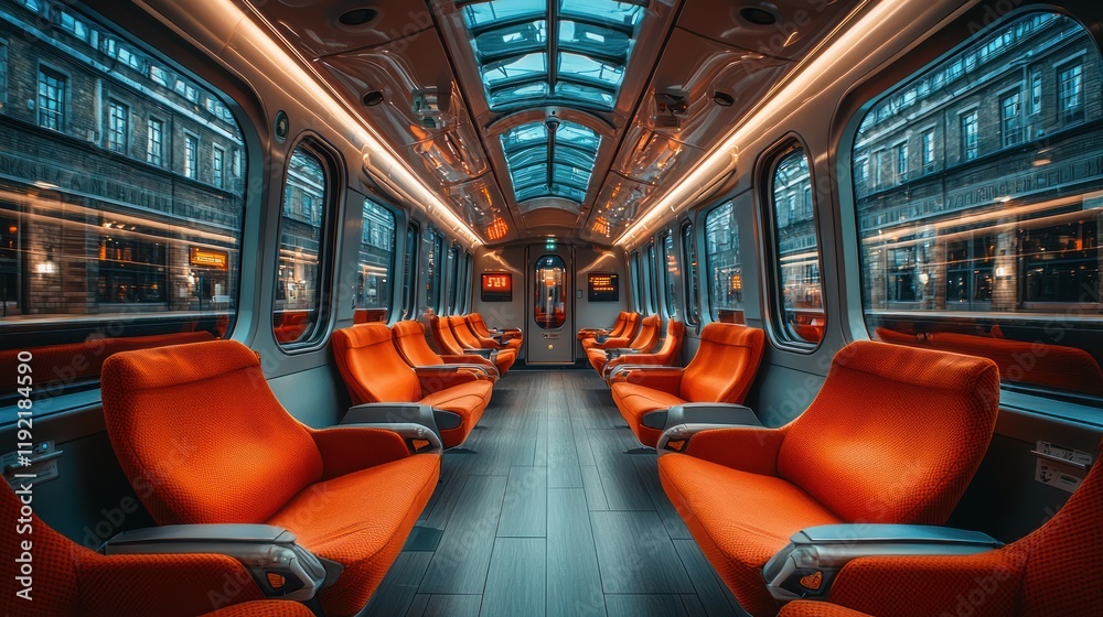 Fototapeta premium Modern train interior with orange seating.