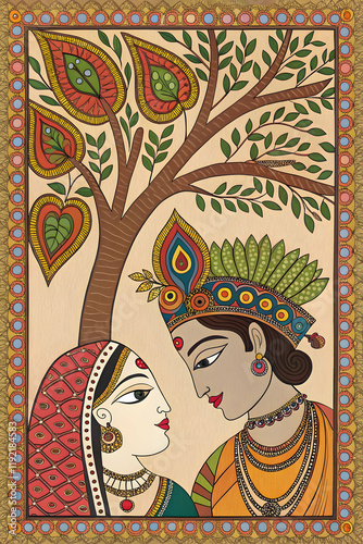 The Graceful Harmony of Radha-Krishna in Madhubani Folk Tradition