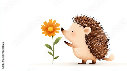 Cute cartoon hedgehog interacts with bright orange flower in a cheerful, whimsical illustration