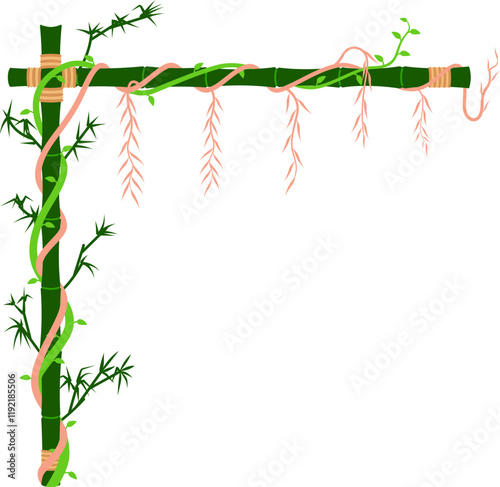 Vines climb up the bamboo frame. Vector illustration.
