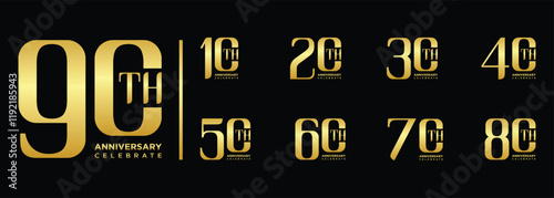 Collection of 10th to 90th anniversary logo designs, anniversary logos with gold numbers on a black background for celebration events, congratulations, invitations, greetings