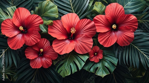 Wallpaper Mural Vibrant red hibiscus flowers with green leaves. Torontodigital.ca