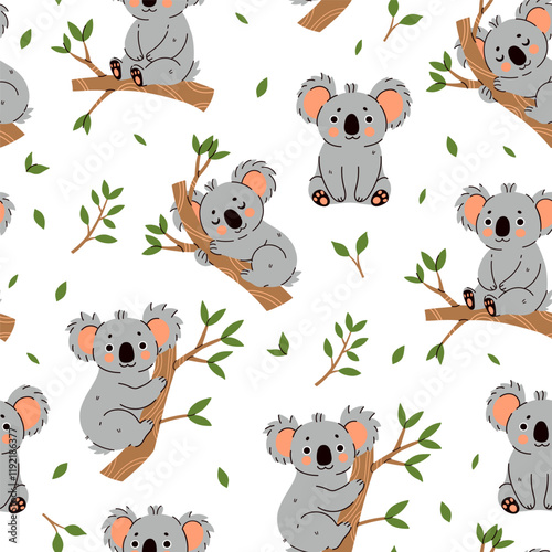 Seamless pattern with cute koalas on a white background. Vector graphics.
