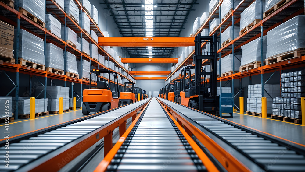 Fototapeta premium Efficient cargo management in modern warehouse with forklifts and conveyor systems. organized layout enhances delivery optimization and productivity