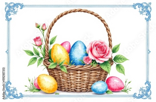 Watercolor Easter card with a basket of bright Easter eggs and roses. The postcard is decorated with a vintage blue Chinoiserie border and decorated with a decorative ribbon. 