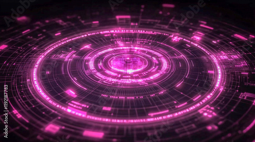 Concentric circles with pink neon lights on a dark background. The circles contain various numeric symbols and lines, creating a sense of technology and futurism.